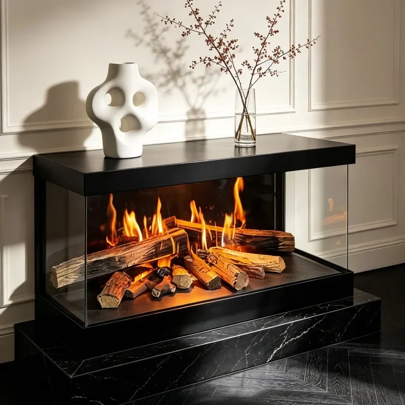 New Front View Flame Electronic Holographic Projection Fireplace Simulated Flame Embedded Heating Decoration for Villa Living Ro