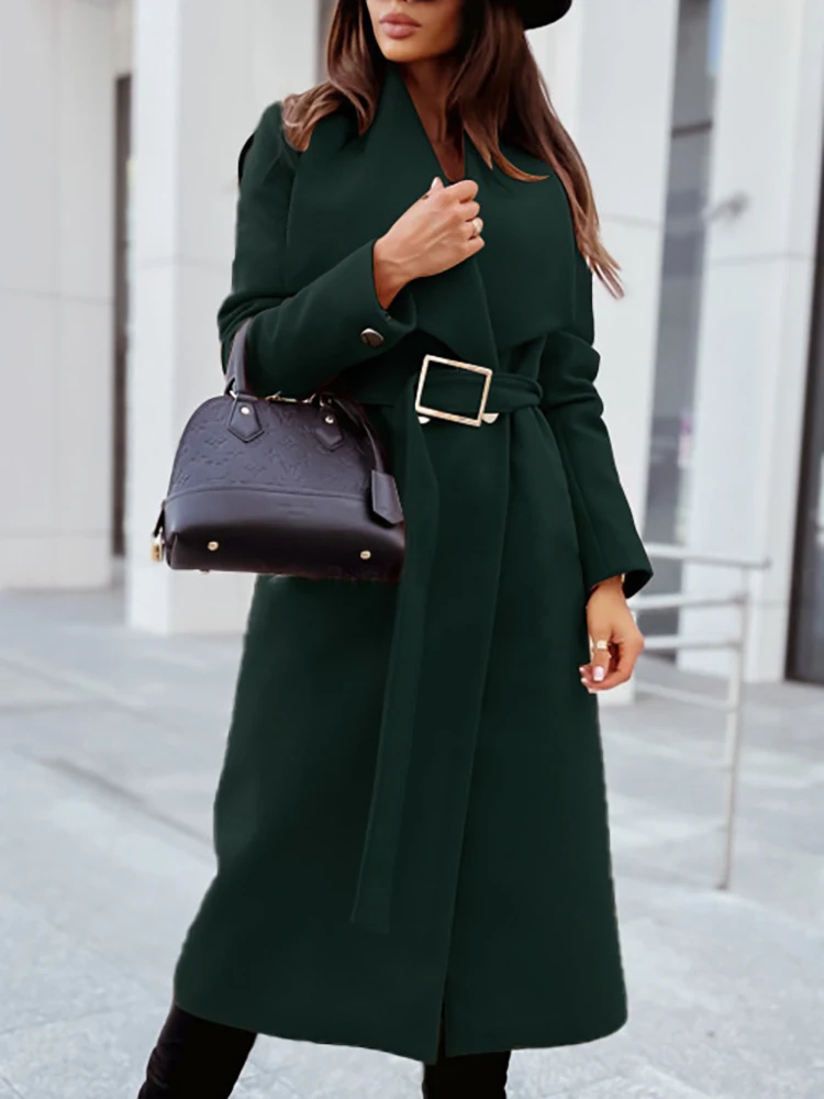 

Women Wool & Blends Overcoat With Belts Autumn Winter Lady Office Loose Long Coat Lapel Long Sleeve Casual Wide-Waisted Outwear