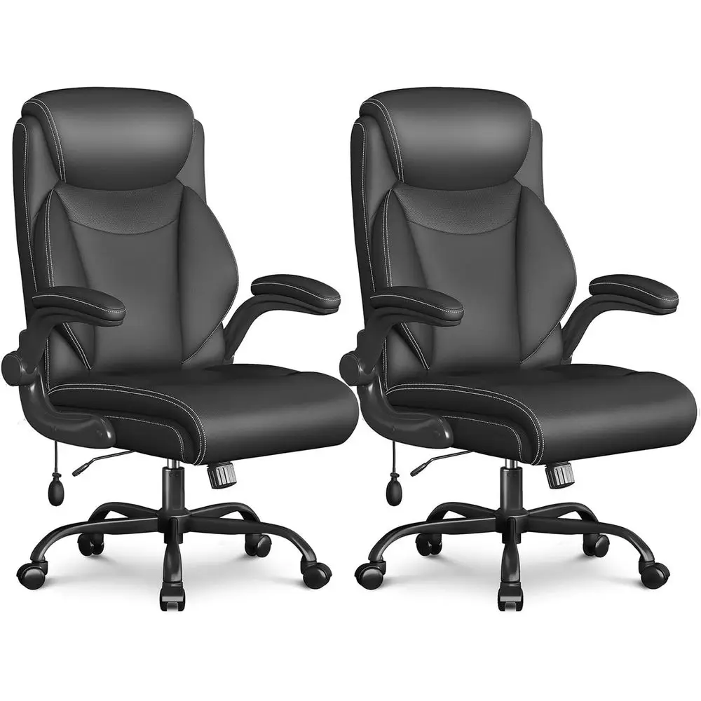 

Ergonomic High-Back Office Chair with Padded Leather, Adjustable Lumbar Support, Flip-Up Arms, Swivel for Home or Office - Black