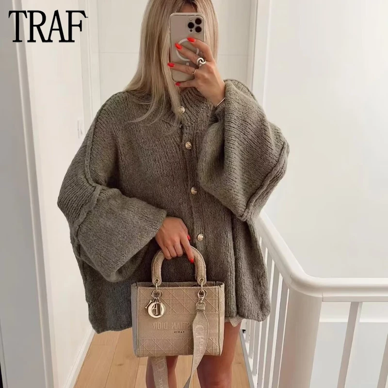 TRAF 2024 Knitted Cardigan Women Soft Oversized Sweater Woman Long Sleeve Button Cardigans for Women Winter Casual Knitwears