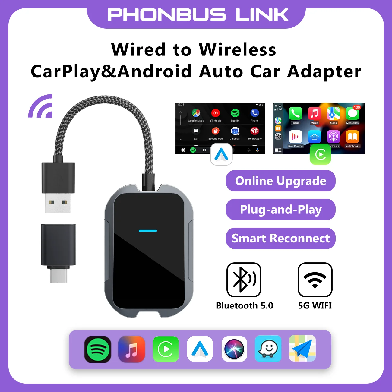 

Phoebus Wireless Apple Carplay iPhone Adapter Android Auto Dongle Smart Mini Carplay Ai Box Dual Interface Usb Type-c 2 in 1
