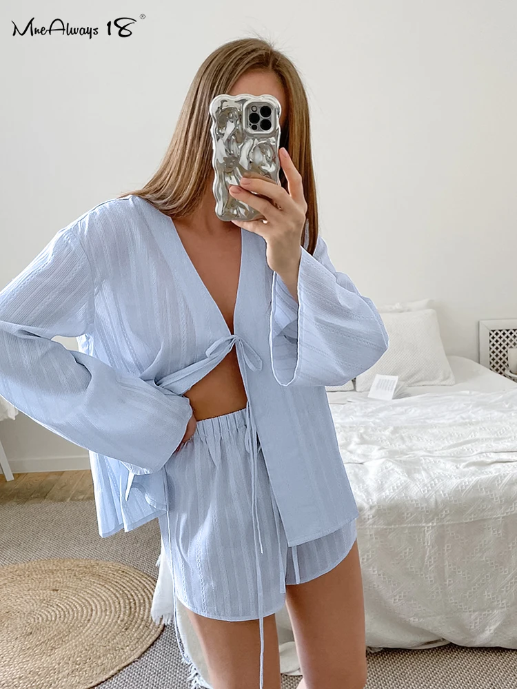 Mnealways18 Blue Jacquard Weave Cotton Two Pieces Sets Women Oversize Blouses And Wide Legs Shorts Homewear 2024 Stripe Outfits