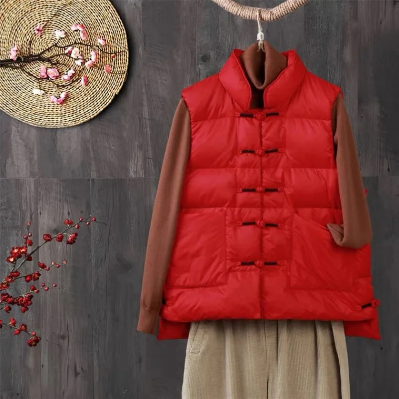 Chinese Style Winter Women Frog Sleeveless Down Waistcoat Parkas Warm Light White Duck Down Vest Coat Ladies Short Tank Jacket