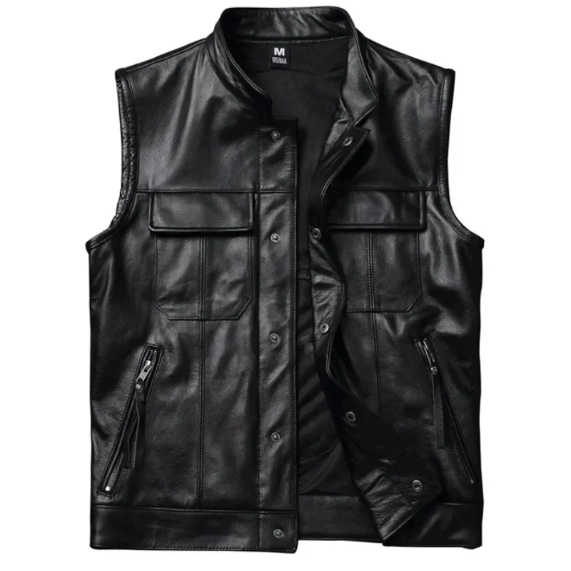 Cowhide Motorcycle Vests Real Cow Leather Jacket Sleeveless Black Moto Biker Slim Fit Club Riding Spring