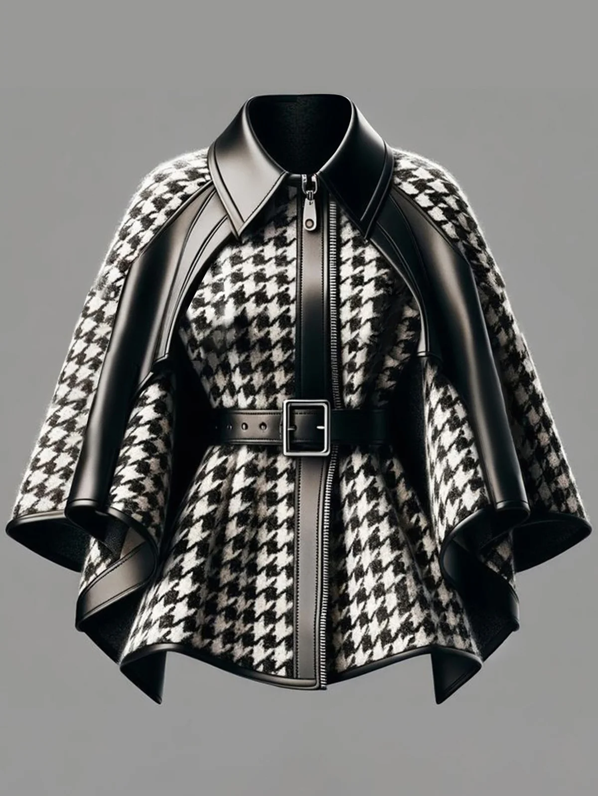 Women Houndstooth Irregular Cape Sleeve Zipper PU Leather Coats Laper Collar Fashion Jackets Vintage Female Chic Lady Tops 2025