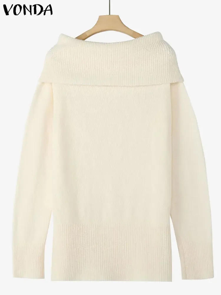 VONDA 2025 Autumn Knitted Sweater Women Fashion Sexy Off Shoulder Long Sleeve Causal Solid Pullovers Solid Color Elegant Jumpers 4