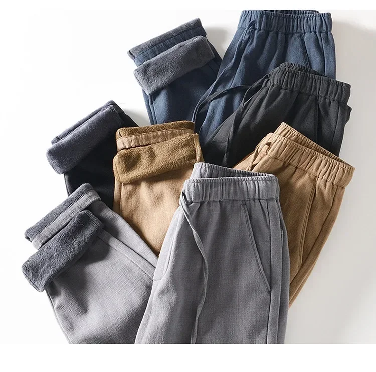 

Winter Pants Men Daily Fleece-lined Pants Men Chinese Retro Warm Cotton Linen Pants Drawstring Elastic Waist Straight Trousers