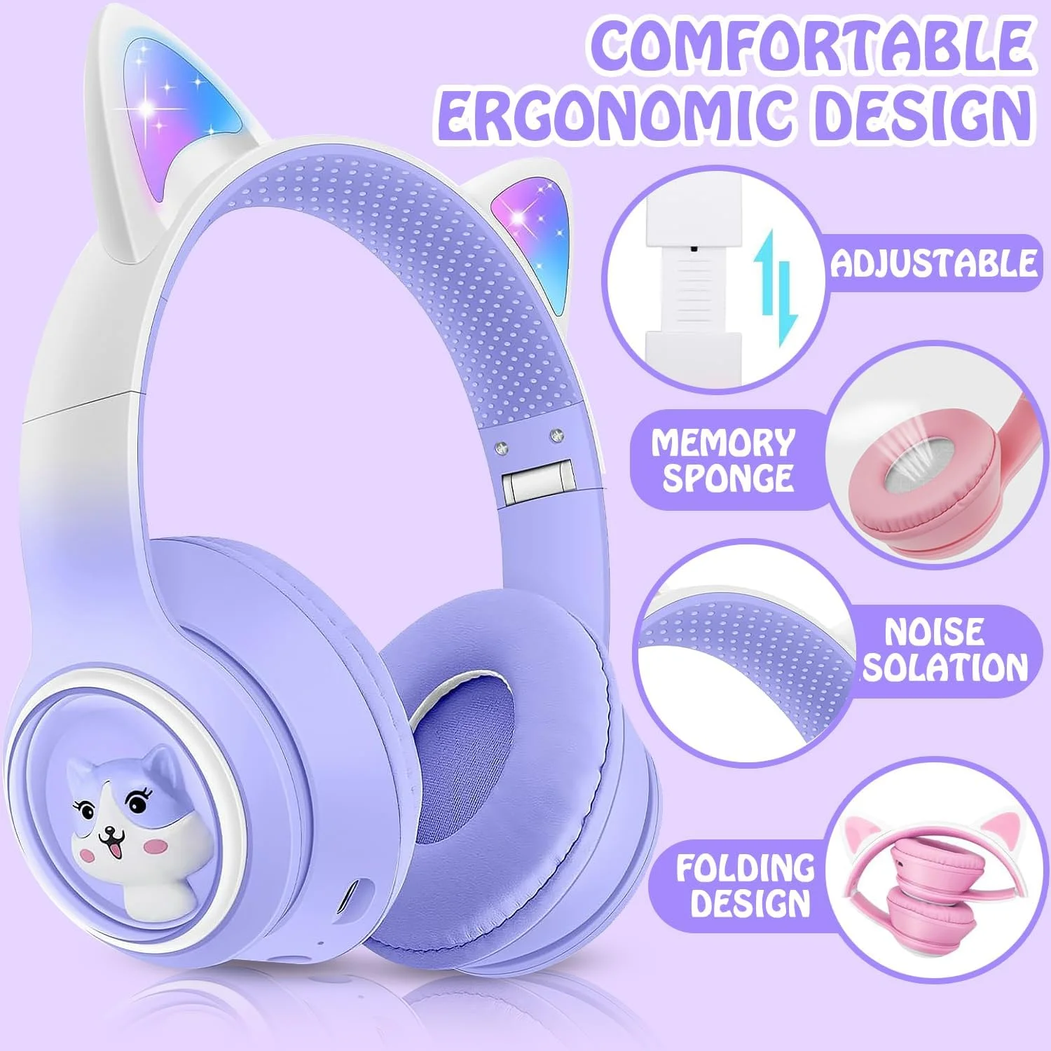 

Bluetooth headphones, Spaceship-shaped illuminated cat ear cool RGB lighting high quality headset, choice for children's gift.