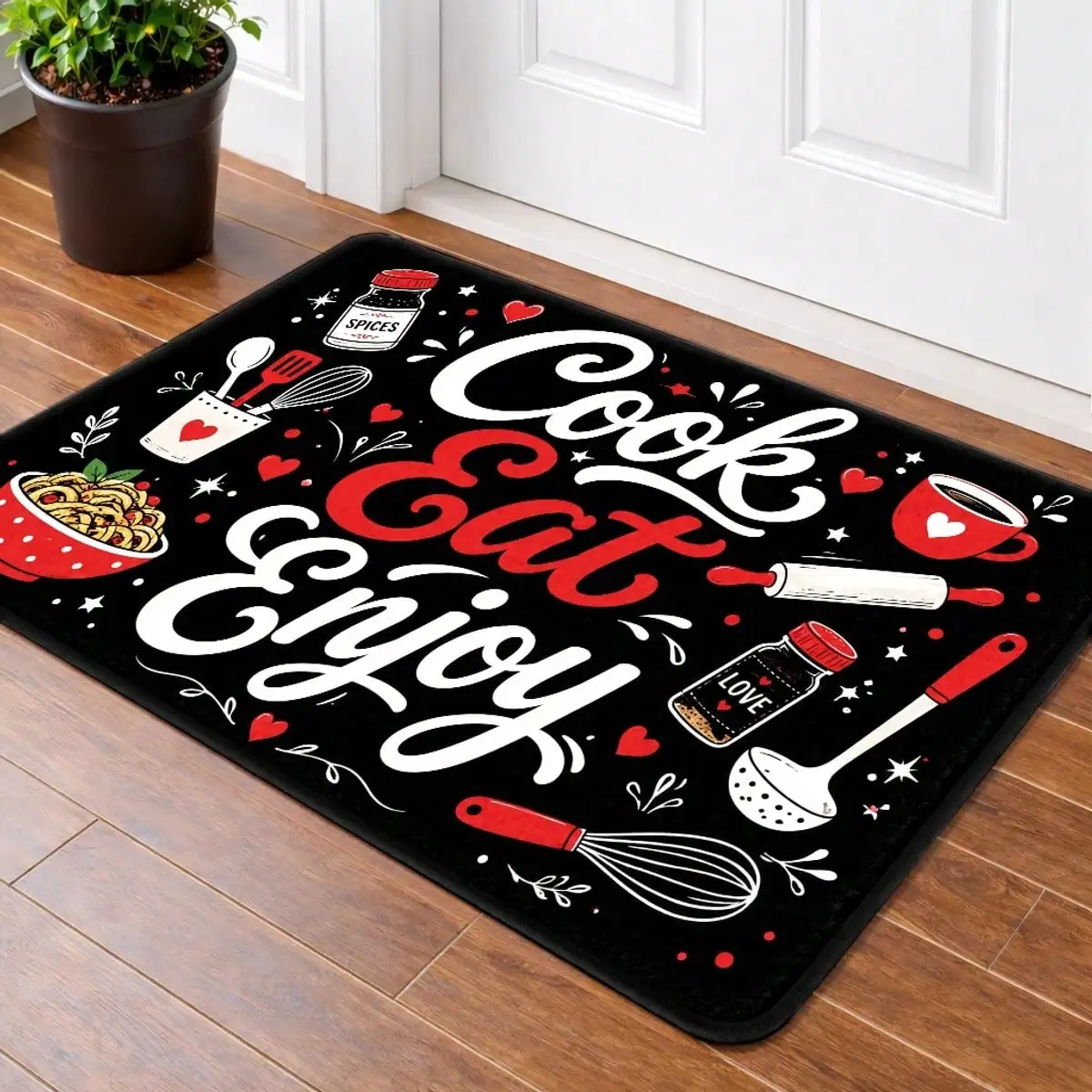 Door And Floors Use A Dotted Rubber Bottom Design Are Slip-Resistant With Cook Eat Enjoy Doormat Printed Pattern, Suitable For Use As Entryways, Living Rooms