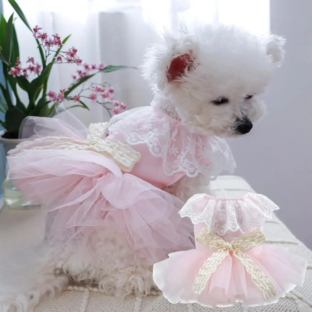 Sweet Cat Dog Princess Dress,Tulle Dresses,Embroidery Lace Collar,Lace-up Bowknot Decor,Puppy Wedding Dress,Pet Supplies