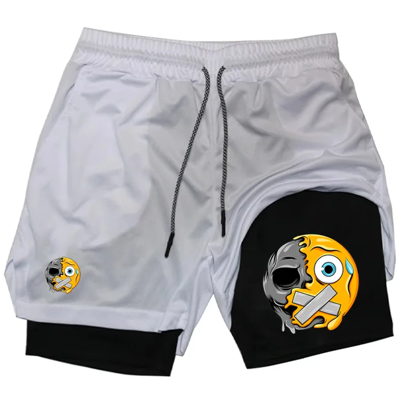 Men's Funny Skull Emoji Print Double Layer Shorts, 2-in-1 Athletic Gym Workout Running Casual Streetwear Short Pants WX098