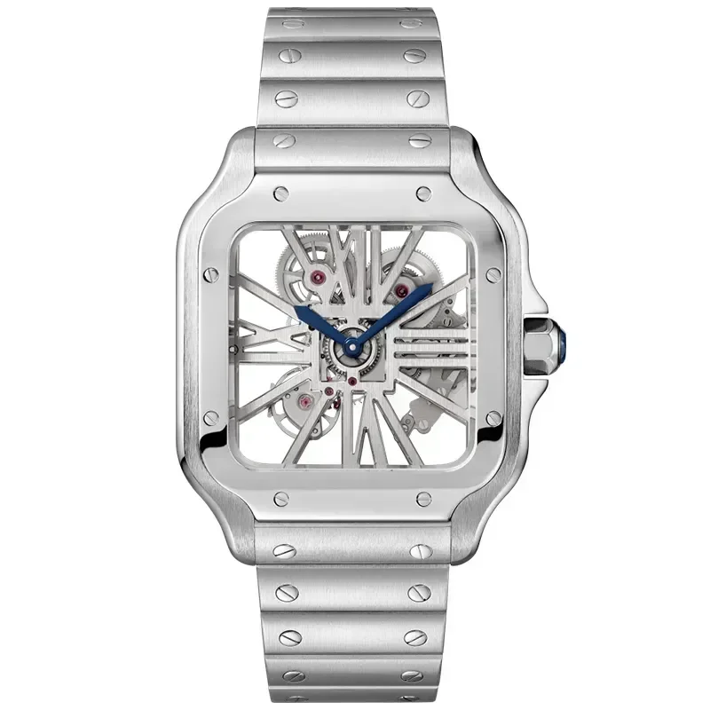 ساعات رجالي فاخرة هيكل عظمي حركة كوارتز ساعات مربعة مزدوجة الجوانب 904L حزام من الفولاذ المقاوم للصدأ Montre De Luxe