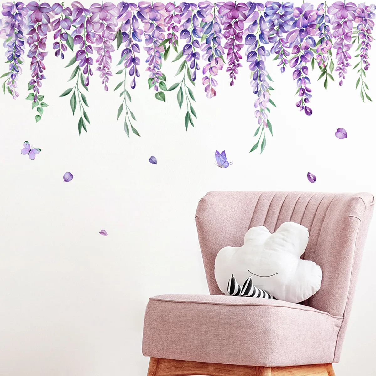 Purple Flowers Plant Wall Sticker for Living Room Bedroom Background Wall Decor Pastoral Wall Decals Girls Room Daughter Room