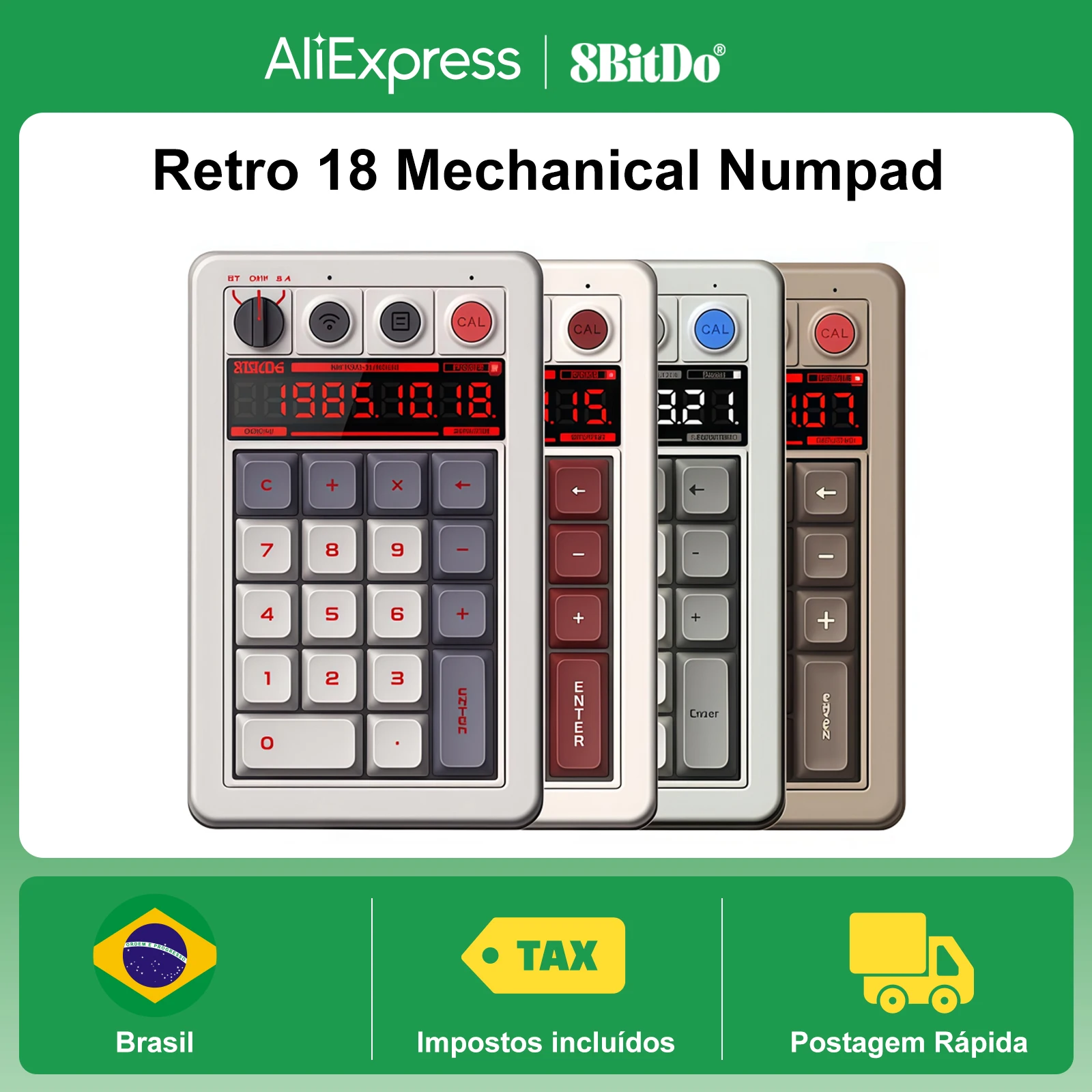Teclado Numérico Mecânico 8BitDo Retro 18 Bluetooth 2.4G Tipo-C com Fio, Hot-swappable, Modo Calculadora para Jogos em Windows, Android e PC
