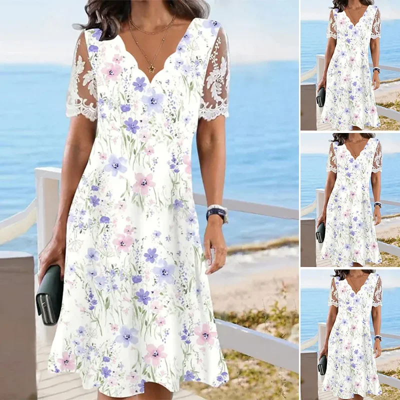 Vestido estampado Floral de encaje de manga corta con cuello en V Vestidos Midi informales una línea Slim Fit empalmado Vestidos playa verano 2025