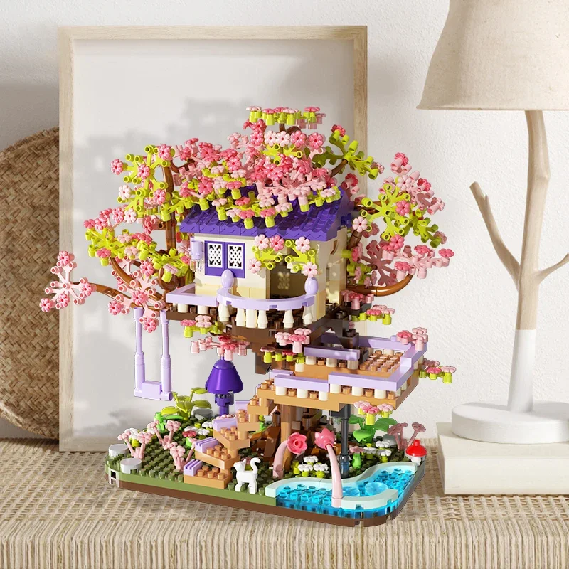 MINI SAKURA Tree House Building Blocks Cherry Blossom ดอกไม้บ้านไม้ DIY ASSEMBLY อิฐของขวัญโรแมนติกสําหรับตกแต่งบ้านหญิง