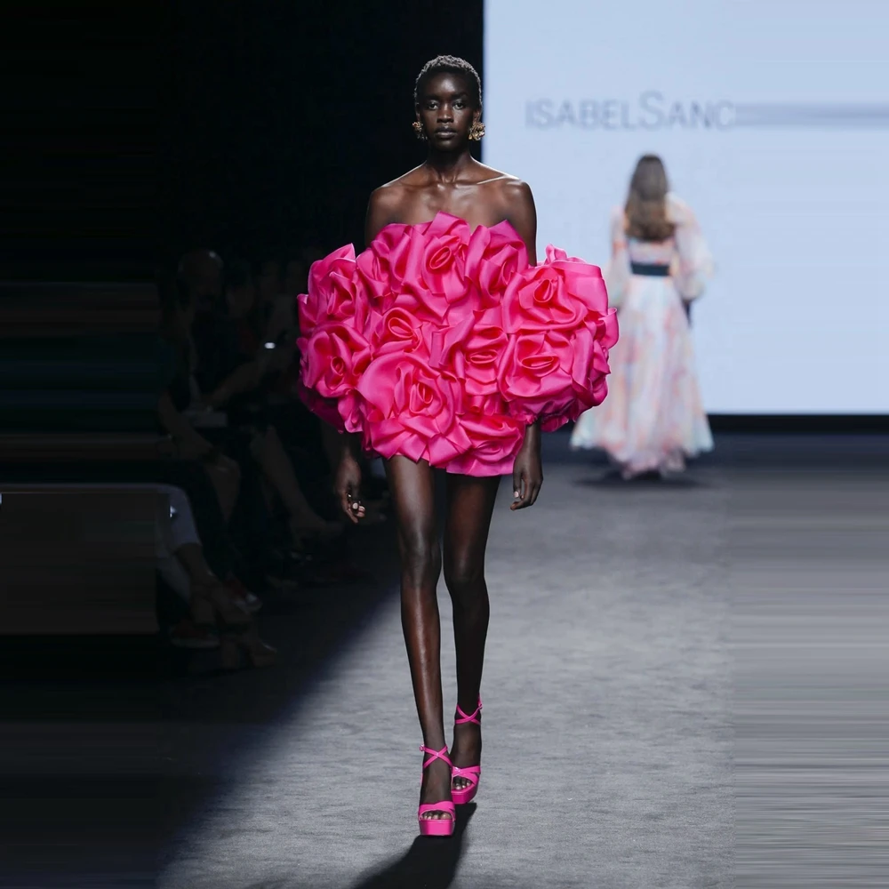 

Fashion Strapless Satin Mini Celebrity Dress Handmade 3D Rose Flower Design Hot Pink Summer Party Gowns Women's Fashion Dressing