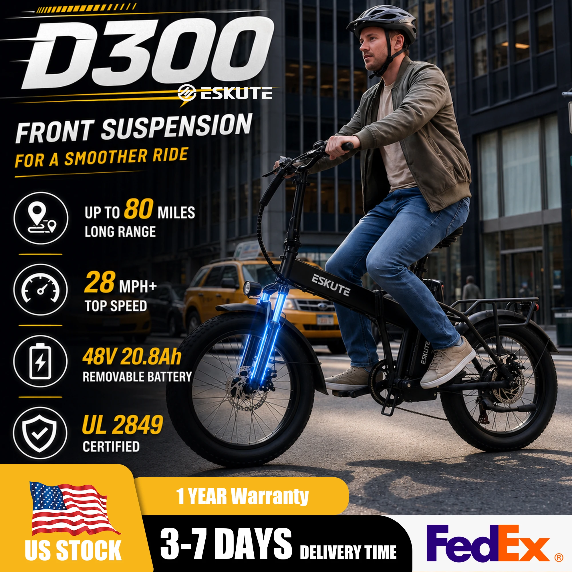 ESKUTE Electric Bike for Adults, 48V 20.8Ah Removable Battery, 20x4 Fat Tire Foldable Ebike with 1200W Peak Motor, Folding E Bike with 7‑Speed, 20+ MPH, up to 80 Miles, NFC Unlock