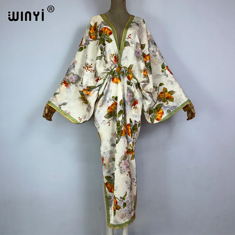 WINYI Bohemian Summer Beach Dress High Quality Double Sided Boho Printing Elegant silk maxi dress Women Evening party kaftan