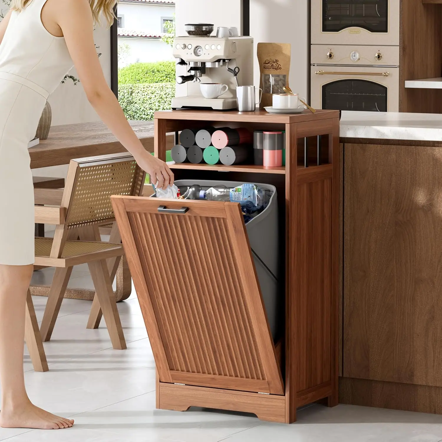 Pet-Proof Single 13 Gallon Tilt Out Trash Can Cabinet with Open Storage – Hide Garbage & Recycling Bins to Keep Your Kitchen