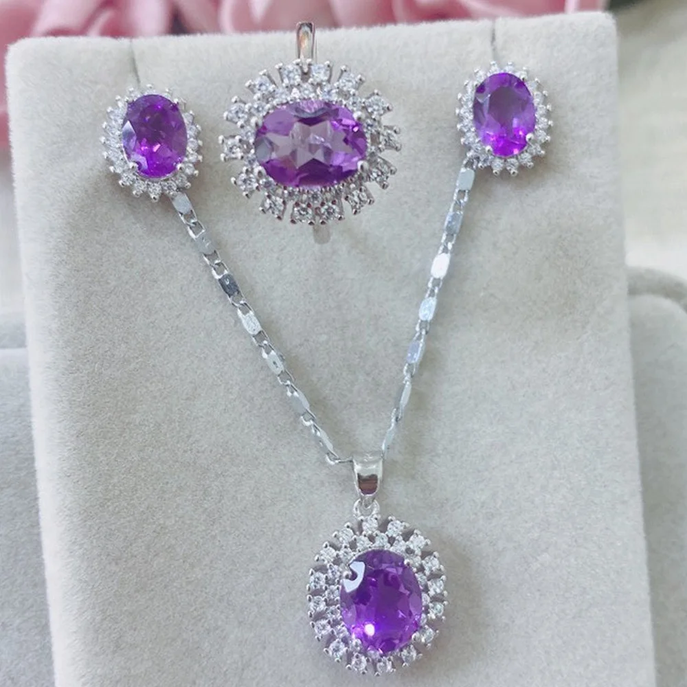 

New Silver Amethyst Three-piece Set Luxurious Generous Ring Stud Earings Pendant Necklace Boutique JewelrySet HAND-HEWELRY