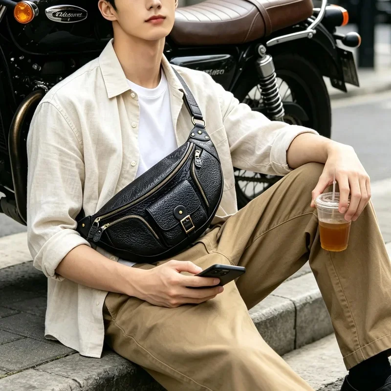 Thicken Natural Genuine Leather Men's Multi-pocket Chest Bag Designer High Quality Real Cowhide Shoulder Crossbody Pack