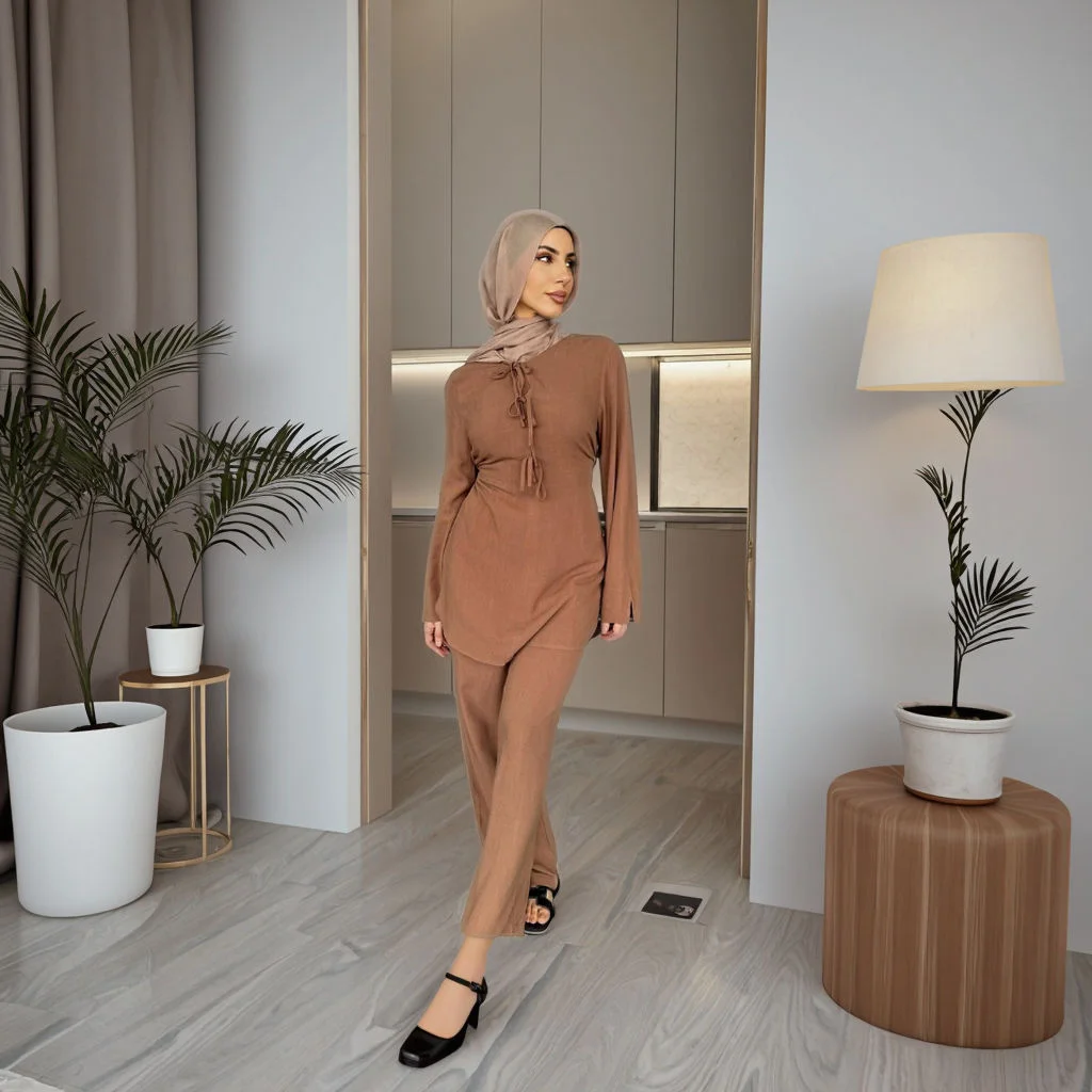 

Bowknot Linen Muslim Sets 2 Piece Tops and Pants Outfit Dubai Turkish Islamic Clothing Ramadan Eid Abaya Kaftan Ensembles Suit