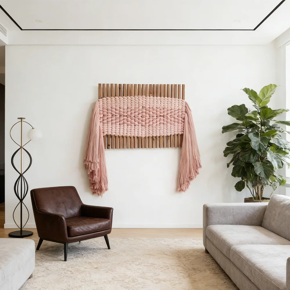 X* Bohemian Minimalist Decor Blush Pink Chunky Woven Wall Hanging for Modern Dining Spaces#