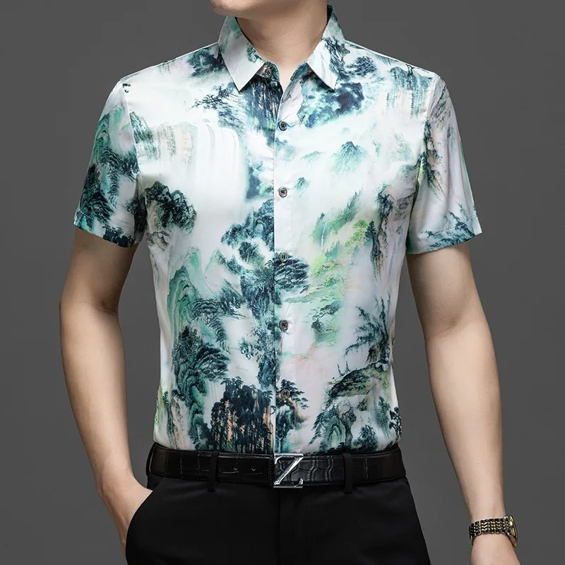 Chinese Style Landscape Printed Short Sleeve Shirt Imitation Xiangyunsha Mulberry Silk Blouse