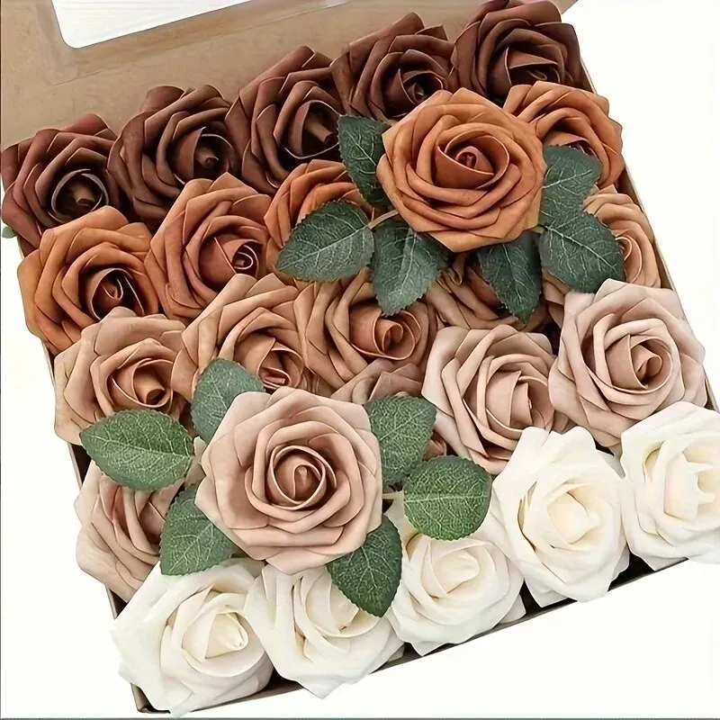 Artificial Flowers 25pcs Real Looking Burnt Orange Ombre Colors Foam Fake Roses with Stems for DIY Wedding Bouquets Bridal Showe