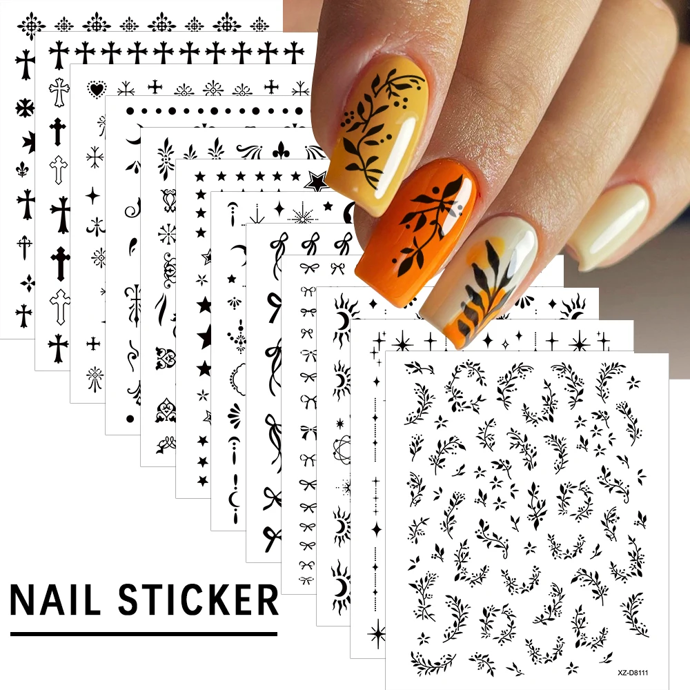 12 Stuks 3D Zwarte Strik Kruis Ster Maan Nail Stickers Mini Vijfpuntige Ster Strik Y2K Nail Decal nail Art Decoratie Accessorie