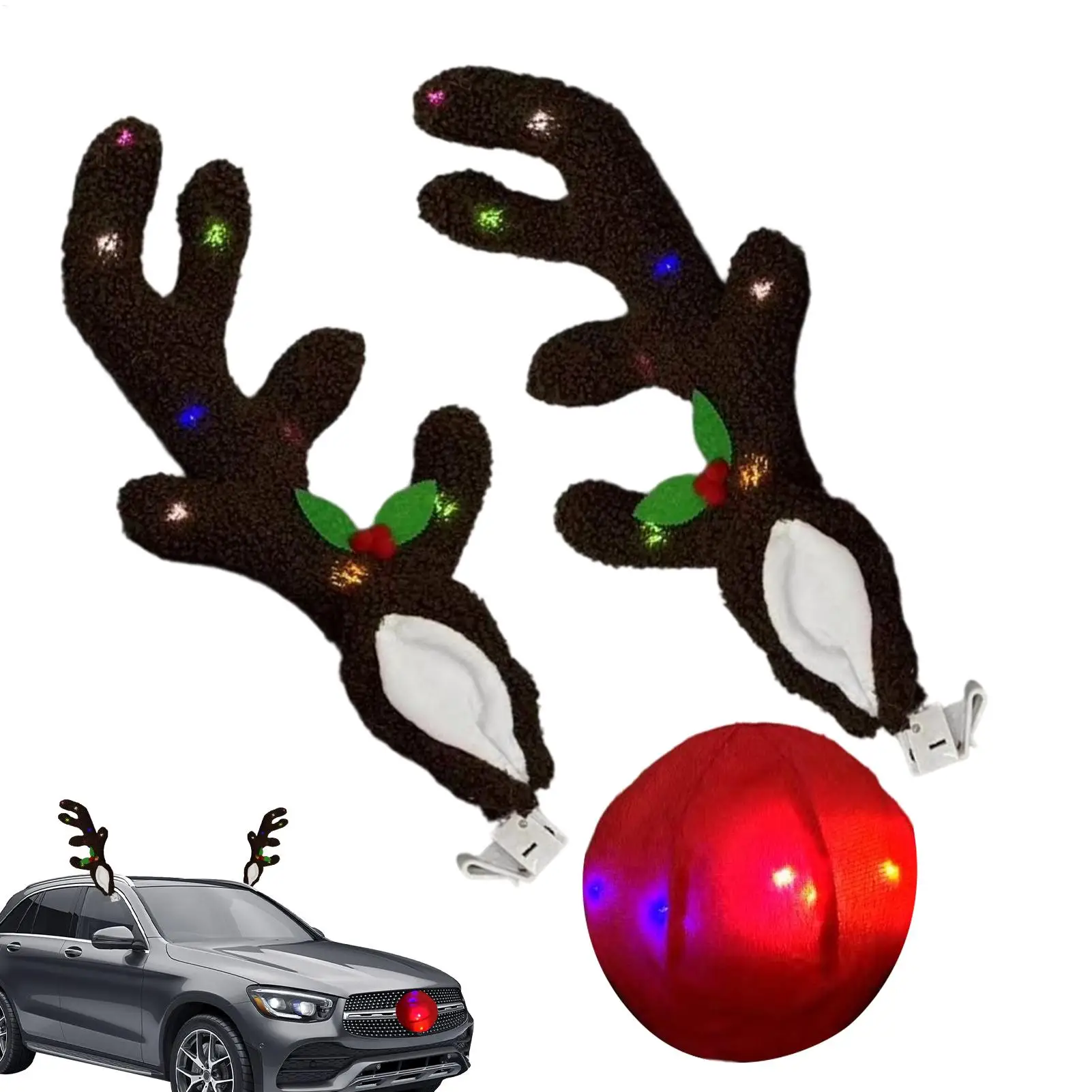 

Christmas Car Decorations LED Antler with Nose Car Decor for Automotive Truck Vehicle SUV Exterior Window Roof Top Holiday