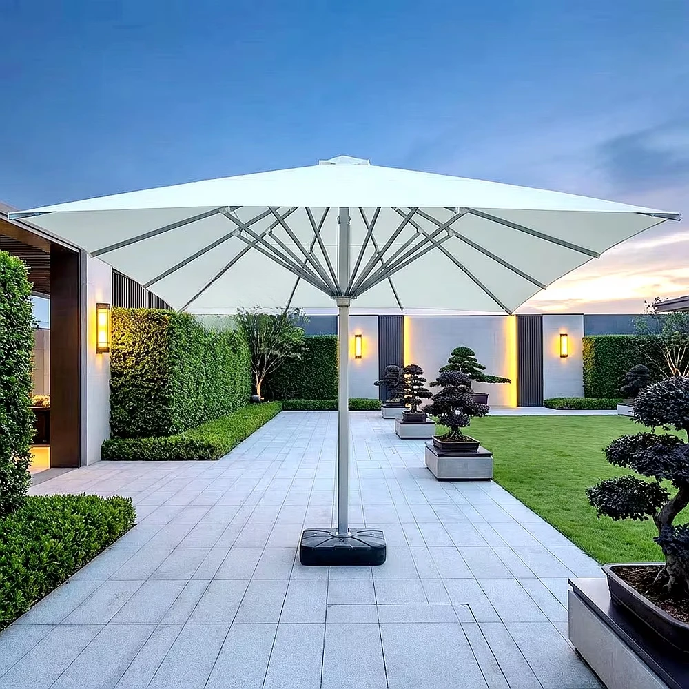 Large outdoor parasol, durable and sun-resistant, with aluminum bracket.