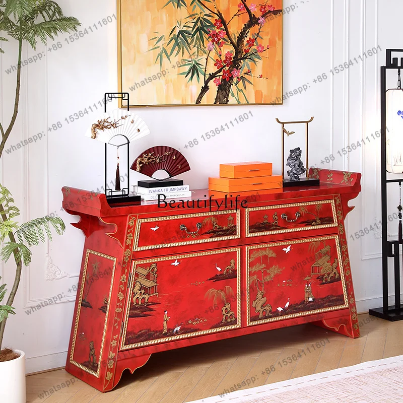 PJ French New Chinese Villa Hand-painted Retro Red Living Room Entrance Side Cabinet