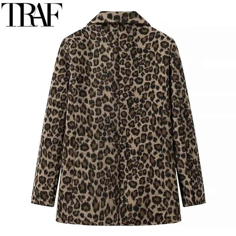 TRAF Women\'s Blazer Coat Vintage Leopard Long Blazer Woman Autumn Long Sleeve Faux Wool Coats Casual Office Wear Suit Jacket