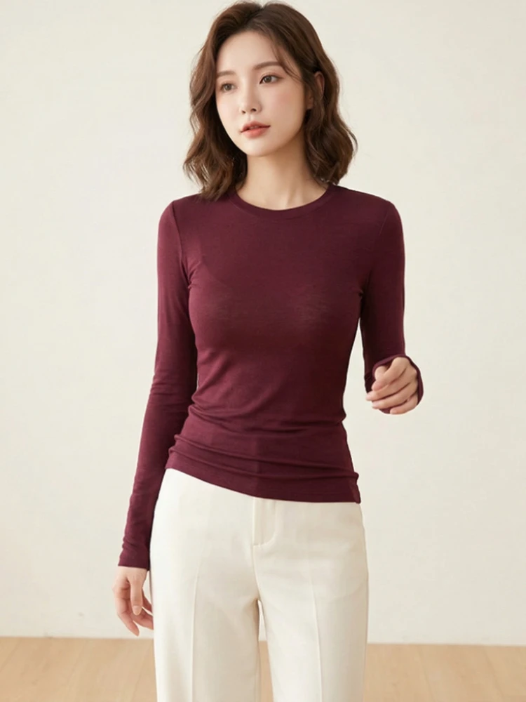 Hochwertige Elastische Basic Einfarbige Langarm-T-Shirts Schlichte Baumwoll-Damen-T-Shirts Lässige Oberteile Koreanischer Stil Dünnes O-Ausschnitt T-Shirt – Detail 5