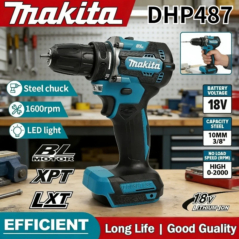 

Аккумуляторный ударный шуруповерт Makita DHP487 18V LXT с бесщеточным двигателем, компактный, перезаряжаемый, электроинструмент