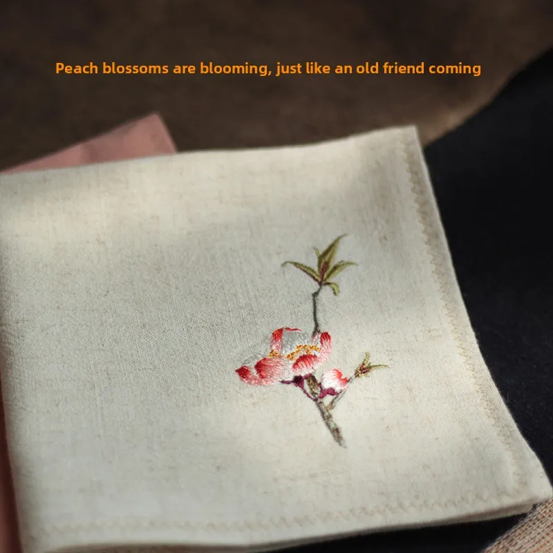 Chinese Style Hanfu Matching Peach Blossom Embroidery 100% Pure Cotton Soft Double Layer Square Handkerchief Portable Sweat Abso