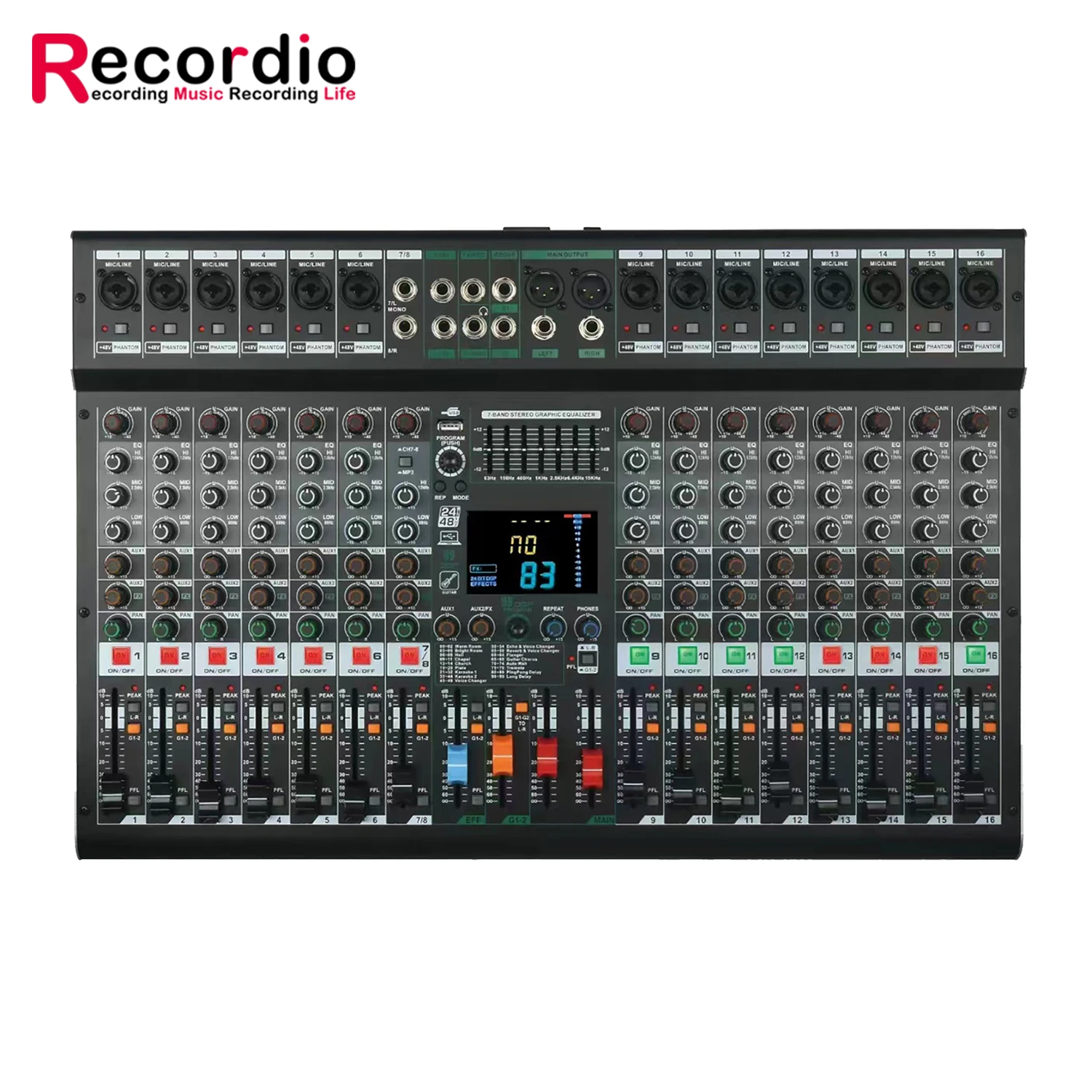 GAX-GS16 Professional 16 Channel 99DSP Mixer 7 Band Stereo Equalizer 48V Audio Project Mixer With MP3 USB Recording LED Display