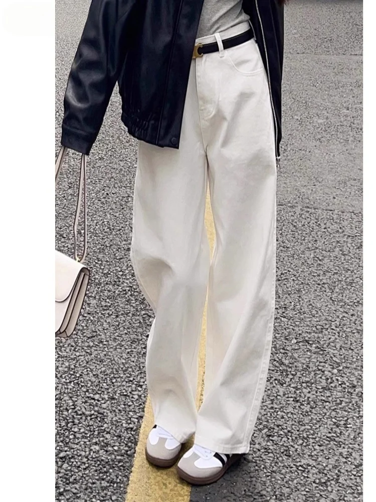 

plus Size White Wide Leg Denim Jeans Women's Loose Fitting Slimming Straight Cut Drapey Pants High Waist American Style