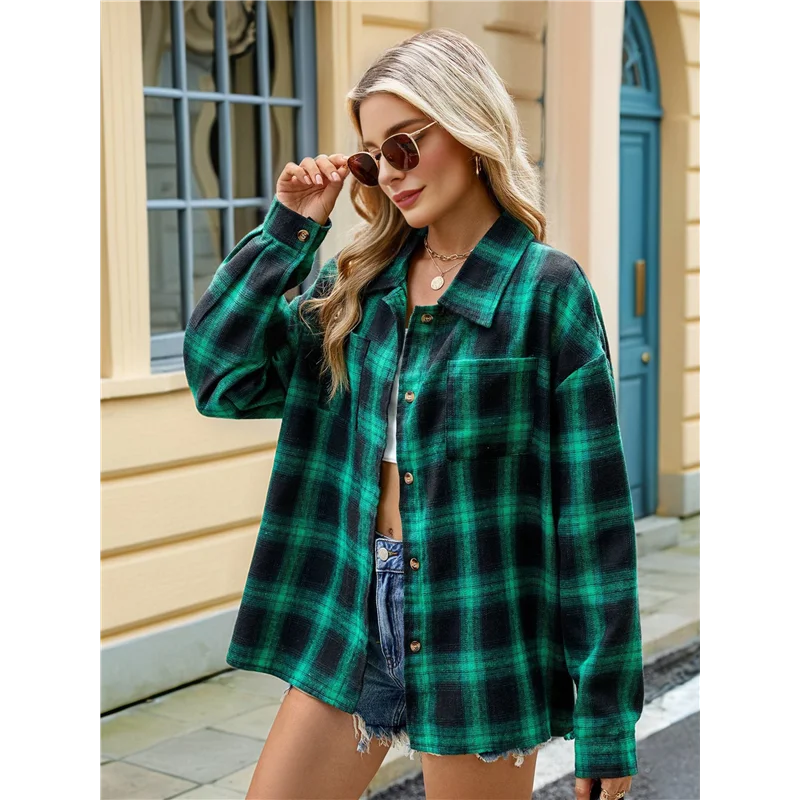 

AG-Womens Button Down Flannel Shirts Long Sleeve Plaid Shackets Business Casual Blouse Top