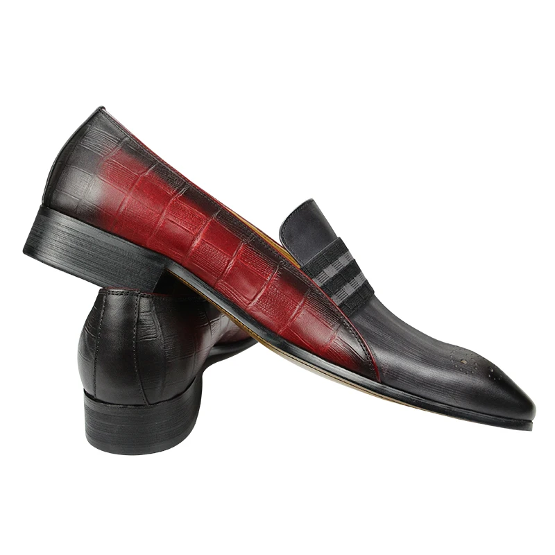 Men Slip-on Penny Loafers Party Elegant Shoes Leather Dress Casual Driving sapato social masculino Pointed Toe Brogue Retro Red