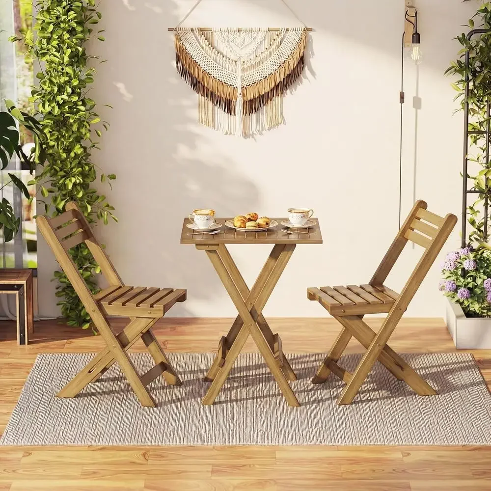 3-Piece Acacia Wood Patio Bistro Set with Distressed Finish, Suitable for Outdoor, Balcony, Backyard, Porch, Campsite, Supports view 3