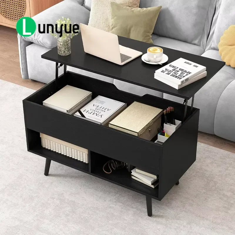 Modern Ash Wood Lifting Coffee Table with Hidden Storage and Open Shelving Rectangle Design for Living Room Black