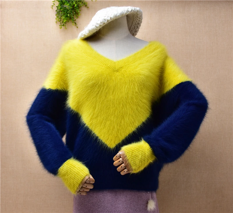 

ladies women fashion colored hairy plush mink cashmere knitted long sleeves v-neck loose pullover angora fur jumper sweater top