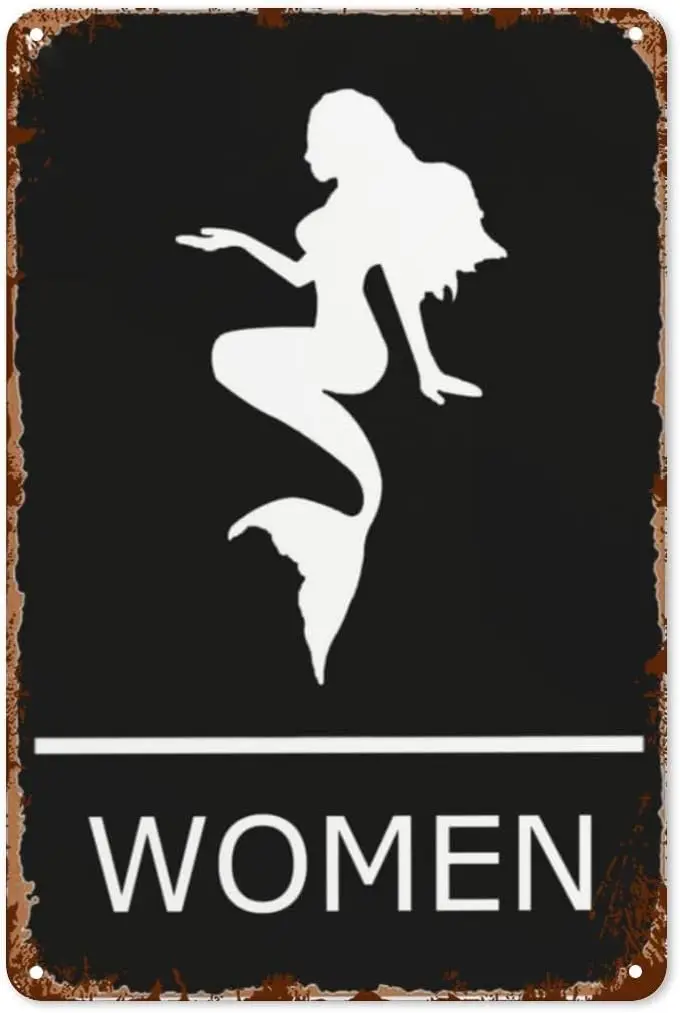 Mermaid Women Restroom Sign - Fun Nautical Bathroom Decor and Gift for Lovers of the Sea Vintage Tin Poster with a Humorous Pi