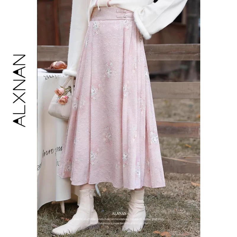 ALXNAN Women's Pink Skirt Floral Print Chinese Style Long Skirts 2026 High Waist Elegant Party Pleated Skirts Female L33125