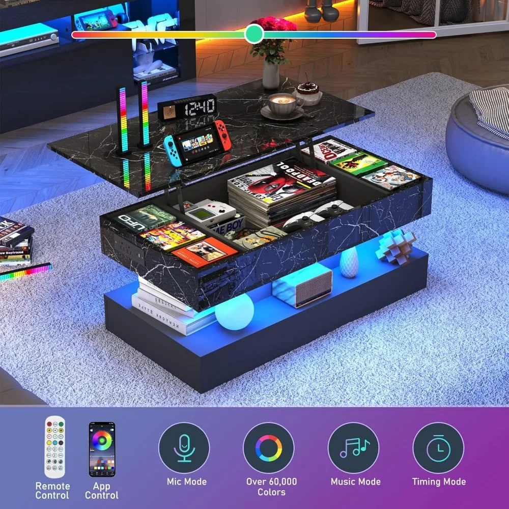 Modern LED-lit Lift Top Coffee Table with Charging Station and Hidden Storage, High Glossy Center Table for Contemporary Living