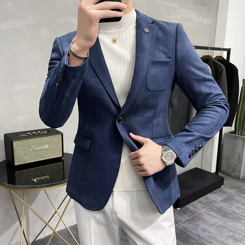 2-A29 Suede suit men's slim fit Korean version trendy ins design casual small suit autund winter single-piece top jacket