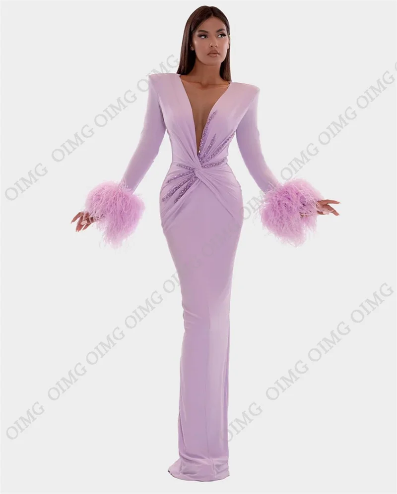 OIMG-vestidos de fiesta con lentejuelas brillantes de plumas de lavanda para mujer, Vestidos de Noche de manga larga con cuello en V profundo,